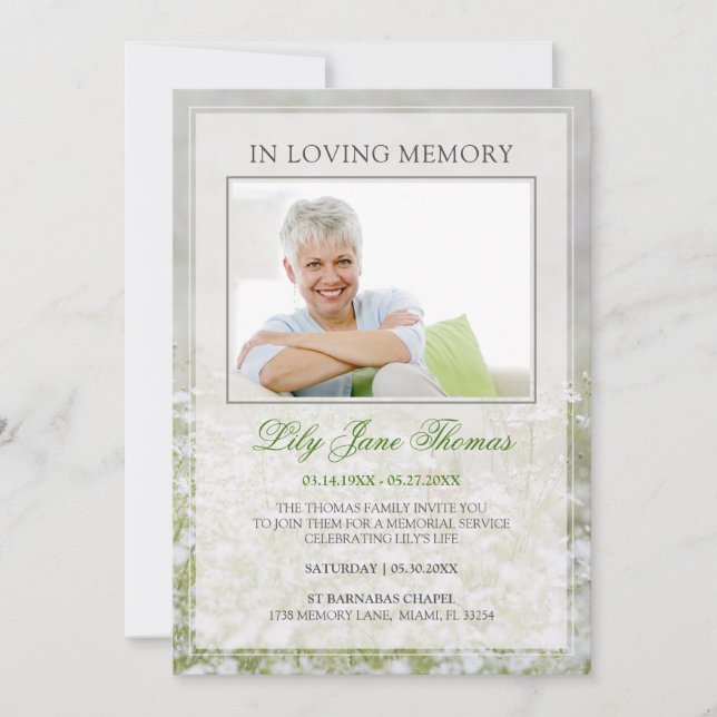 In Love Memory Simple White Meadow Funeral Foto Einladung (Vorderseite)