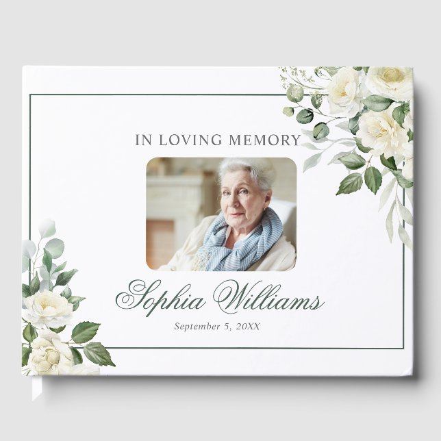 In Love Memory White Floral Begräbnis Gästebuch (Vorderseite)