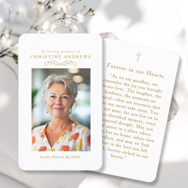 "In loving Memory" Elegant White Photo Prayer  Visitenkarte ("In loving Memory" Elegant Photo Prayer Business Card)