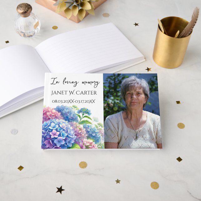 In Loving Memory Hydrangea Floral Funeral Gästebuch (Vorderseite Offen)