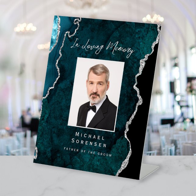 In Loving Memory Photo Teal Silver Agate Wedding Sockelschild (Von Creator hochgeladen)