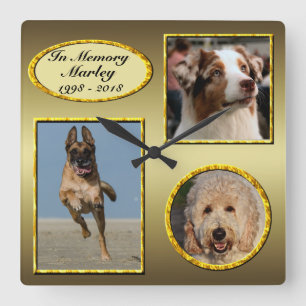 In Memory 3 Photo Dog Memorial Gold Collage Quadratische Wanduhr