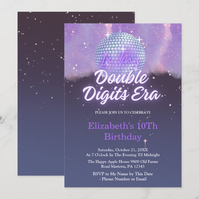 In My Double Digits Era 10th Birthday Disco Ball Einladung (Vorne/Hinten)