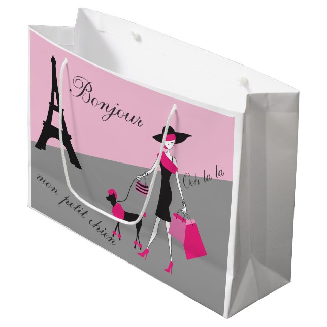 In Paris-Frau und Hunderosa und -SCHWARZES Große Geschenktüte (Vorderseite Schrägansicht)