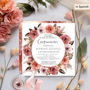 In Spanisch, Firmung, Roségold Blumenmuster Einladung