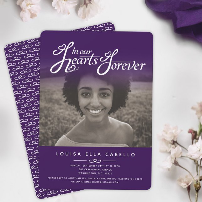 In unseren Herzen Foto Beerdigung lila Einladungen (Von Creator hochgeladen)