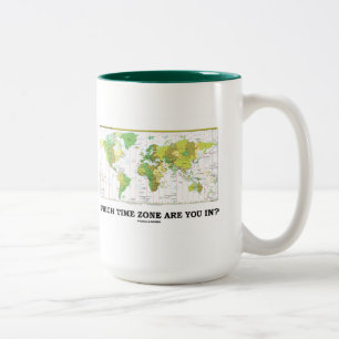 In welcher Zeitzone bist du? (Zeitzonen-Weltkarte) Zweifarbige Tasse