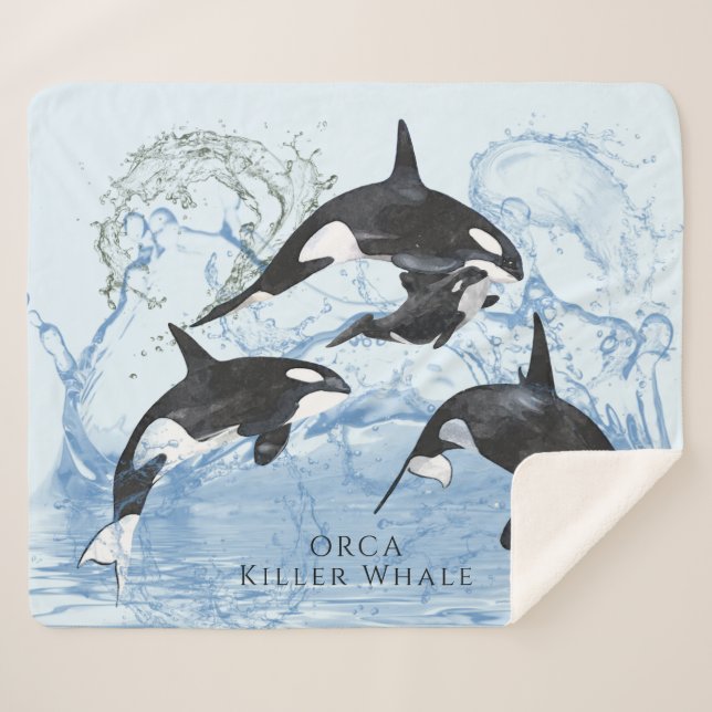 Incredible Black and White Watercolor Orcas Sherpadecke (Vorderseite (Horizontal))