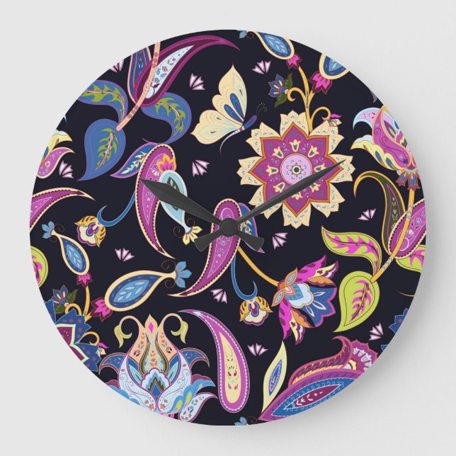 India Paisley Seamless Blumen Ornament Große Wanduhr (Vorderseite)