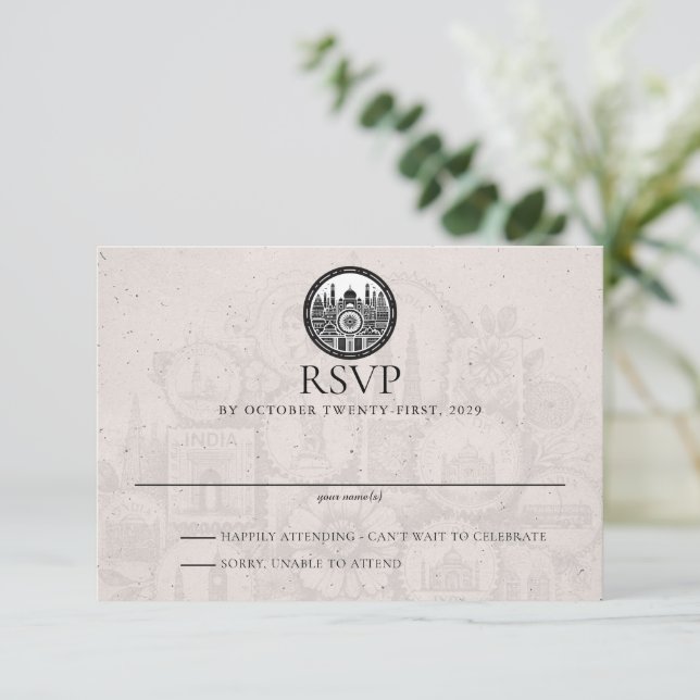 India Passport Wedding RSVP Karte (Stehend Vorderseite)