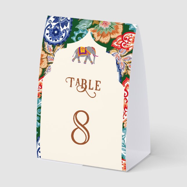 Indian Art Elephant Cream Wedding Table Number Tischaufsteller (Vorderseite)