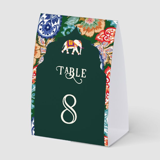 Indian Art Elephant Emerald Wedding Table Number Tischaufsteller (Vorderseite)