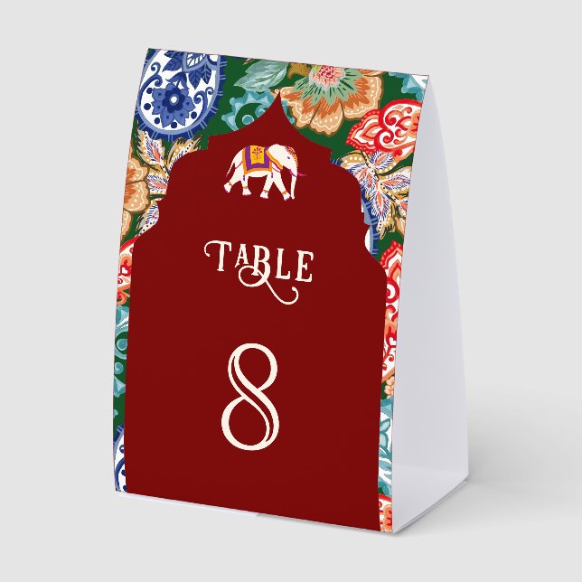 Indian Art Elephant Red Wedding Table Number Tischaufsteller (Vorderseite)