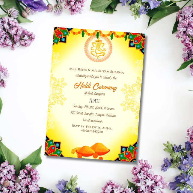 Indian Bride Haldi Zeremonie Hindu Couple Ganesha Einladung (Von Creator hochgeladen)