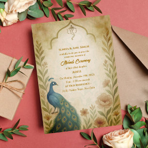 Indian Bride Mehndi Zeremonie Peacock Floral Einladung