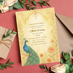 Indian Bride Mehndi Zeremonie Peacock Floral Einladung