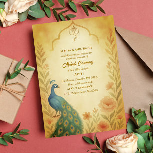 Indian Bride Mehndi Zeremonie Peacock Floral Einladung