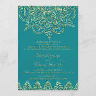 Indian Bright Blue Green Gold Mehndi Hindu Wedding Einladung