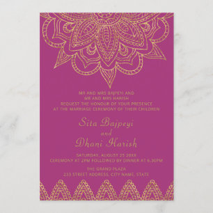 Indian Bright Pink Gold Mehndi Hindu Wedding Einladung
