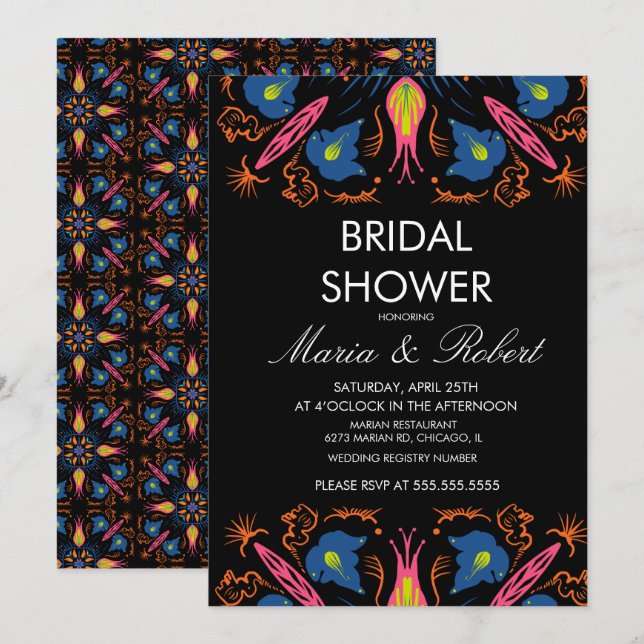 Indian Elephant Floral Black Brautparty Einladung (Vorne/Hinten)