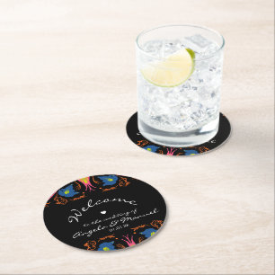 Indian Elephant Floral Black Wedding Runder Pappuntersetzer