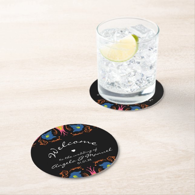 Indian Elephant Floral Black Wedding Runder Pappuntersetzer (Vor Ort)