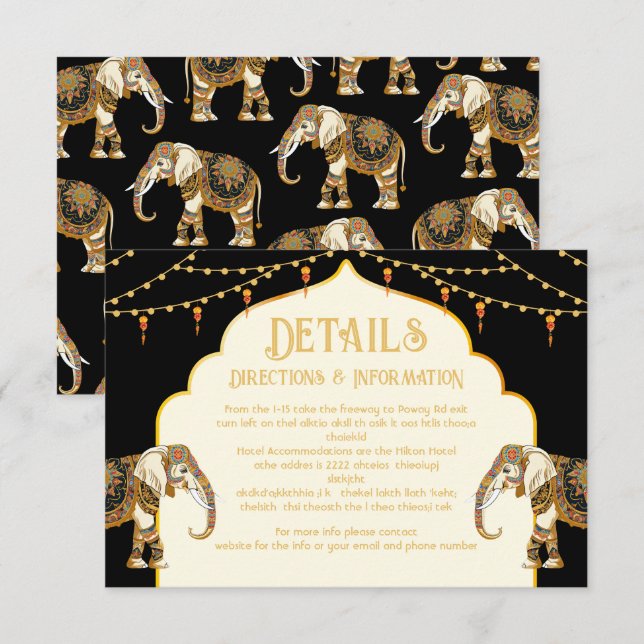 Indian Elephant lumières Mariage Détails carte d'i (Devant / Derrière)