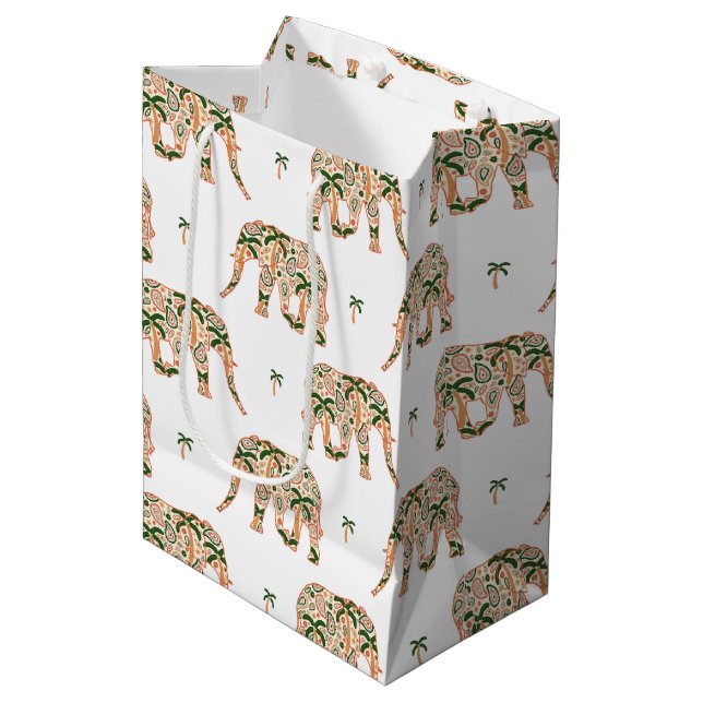 Indian Floral Paisley Ornate Elephants Mittlere Geschenktüte (Vorderseite Schrägansicht)