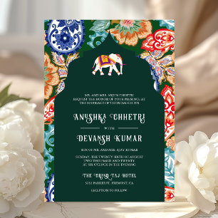 Indian Folk Art Elephant Emerald Green Wedding Einladung