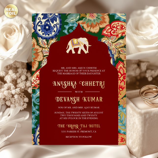 Indian Folk Art Elephant Wedding Dark Red Gold Folieneinladung (Von Creator hochgeladen)