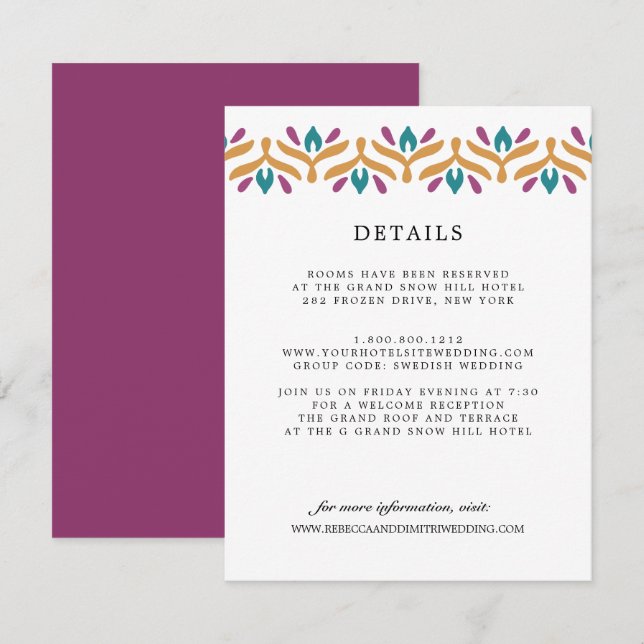 Indian Folk Art Lila WEDING Guest Details Begleitkarte (Vorne/Hinten)