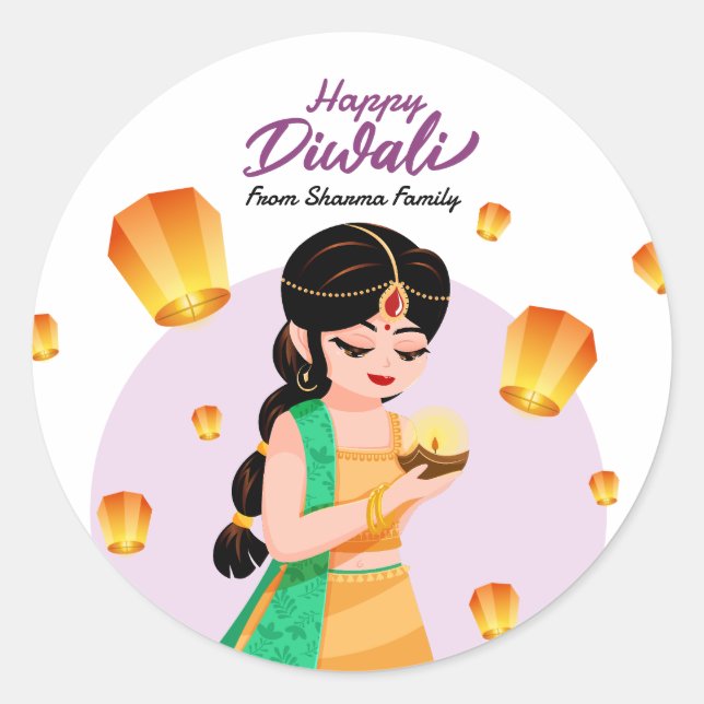 Indian Girl with Floating Lanterns Happy Diwali Runder Aufkleber (Vorderseite)