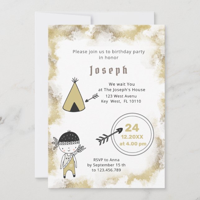 Indian Graphic Watercolor Boys Invitation d'annive (Devant)