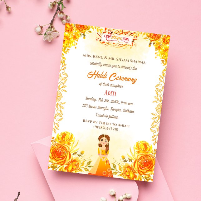 Indian Hindu Bride Haldi Zeremonie Ganesha Floral Einladung (Von Creator hochgeladen)