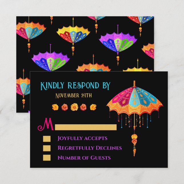 Indian Hindu Colorful Parasol Wedding RSVP (Vorne/Hinten)
