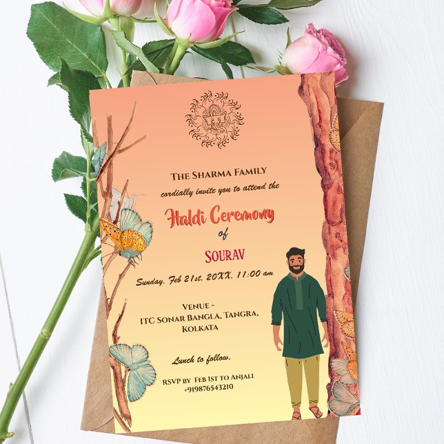 Indian Hindu Groom Haldi Zeremonie Butterfly Einladung (Von Creator hochgeladen)