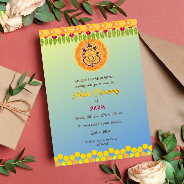 Indian Hindu Groom Haldi Zeremonie Floral Einladung (Von Creator hochgeladen)