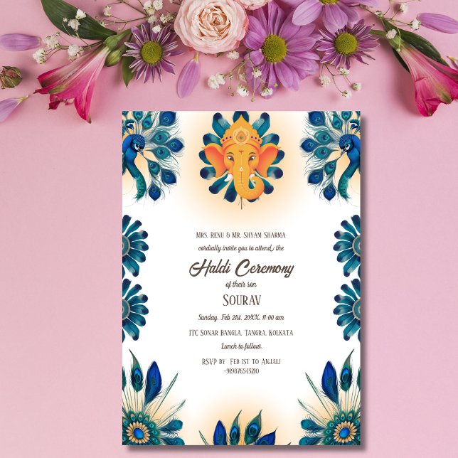 Indian Hindu Groom Haldi Zeremonie Pfauenthema Einladung (Von Creator hochgeladen)