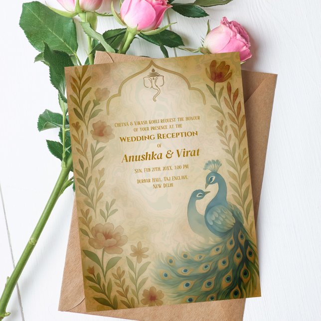 Indian Hindu Hochzeitsempfang Peacock Floral Einladung (Von Creator hochgeladen)