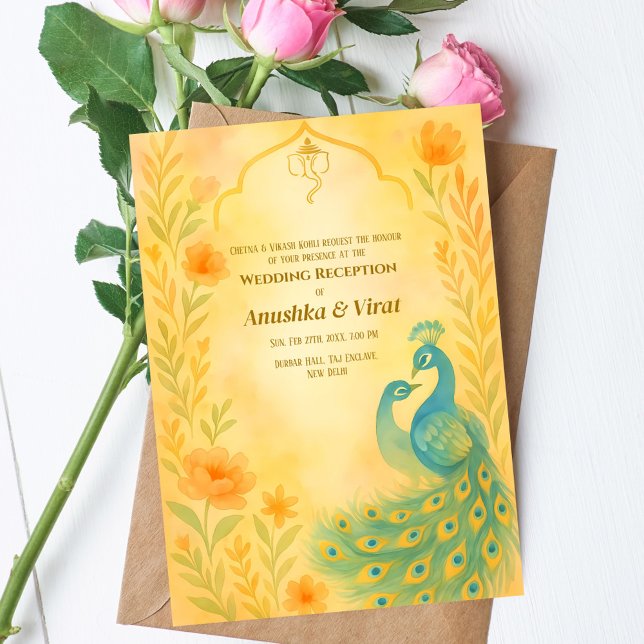 Indian Hindu Hochzeitsempfang Peacock Floral Einladung (Von Creator hochgeladen)
