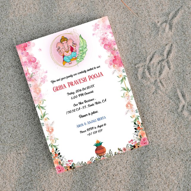 Indian Hindu Housewärming Griha Pravesh Floral Einladung (Von Creator hochgeladen)