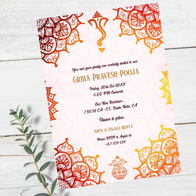 Indian Hindu Housewarming Griha Pravesh Golden Einladung (Von Creator hochgeladen)