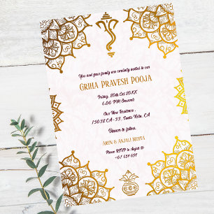 Indian Hindu Housewarming Griha Pravesh Golden Einladung