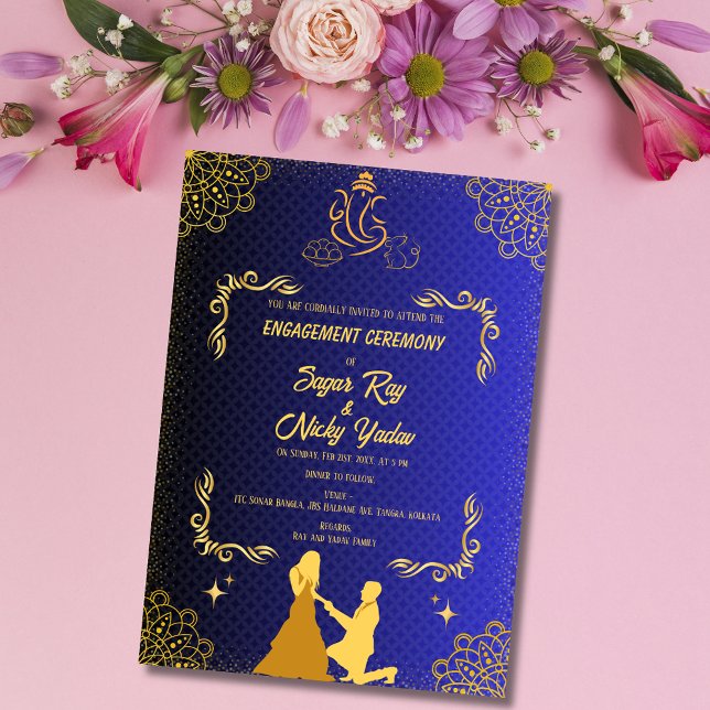 Indian Hindu Verlobung Zeremonie Blue & Golden Einladung (Von Creator hochgeladen)