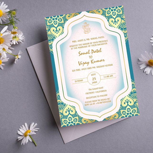 Indian Hindu Wedding Ganesha Logo Golden Elements Einladung (Von Creator hochgeladen)