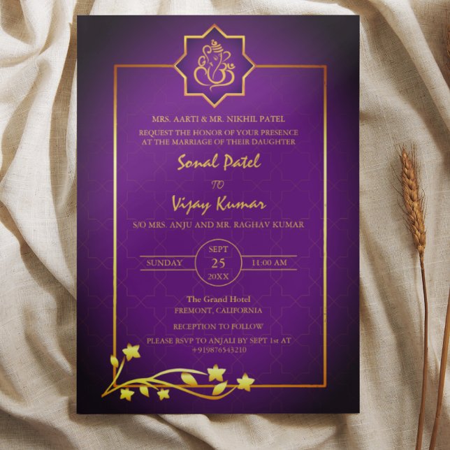 Indian Hindu Wedding Ganesha Logo Golden Elements Einladung (Von Creator hochgeladen)
