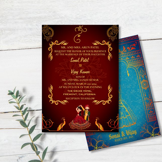 Indian Hindu Wedding Royal Golden Peacock Maroon Einladung (Von Creator hochgeladen)
