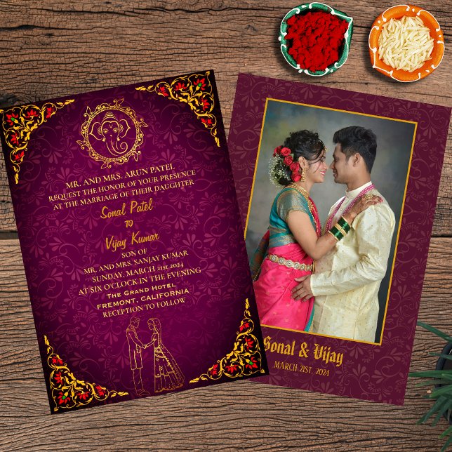 Indian Hindu Wedple Couple Image Golden Peacock Einladung (Von Creator hochgeladen)