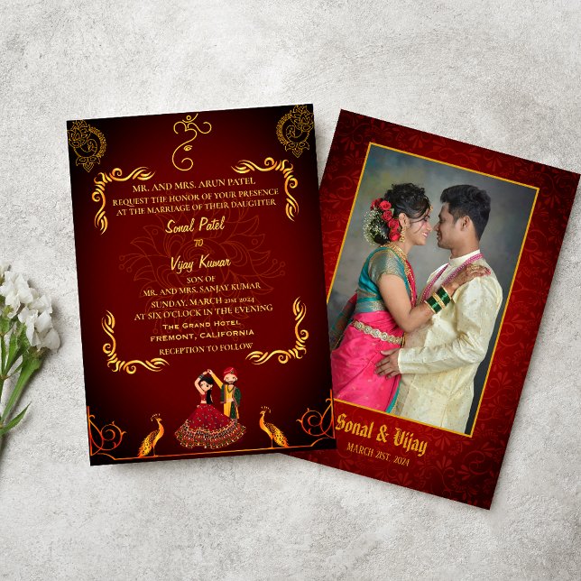 Indian Hindu Wedple Couple Image Golden Peacock Einladung (Von Creator hochgeladen)