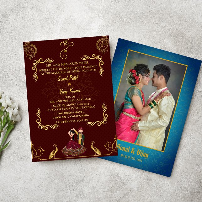 Indian Hindu Wedple Couple Image Golden Peacock Einladung (Von Creator hochgeladen)
